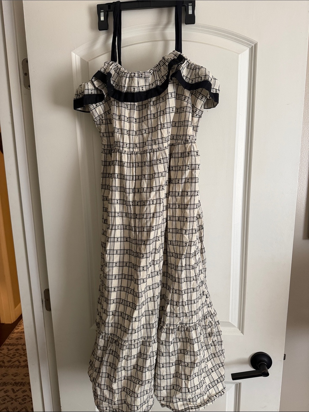 LOFT Cream and Black Plaid Off-Shoulder Dress